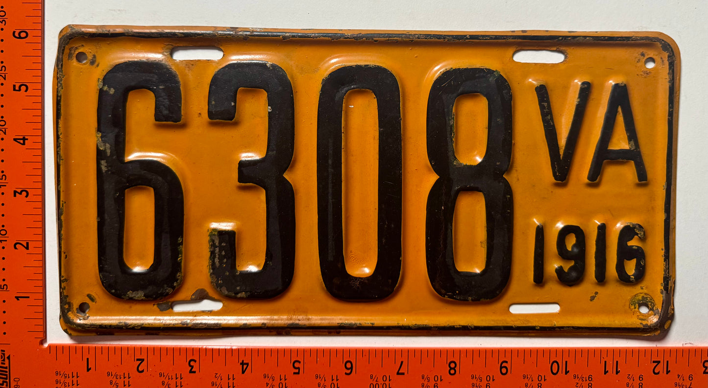 1916 Virginia #6308 Passenger License Plate (Repaint)