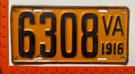 1916 Virginia #6308 Passenger License Plate (Repaint)