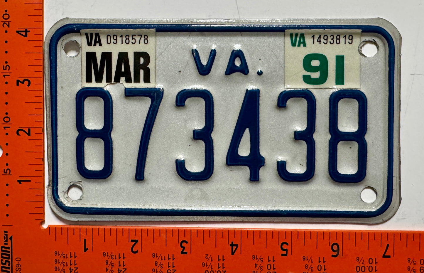 1991 Virginia #873438 Motorcycle License Plate