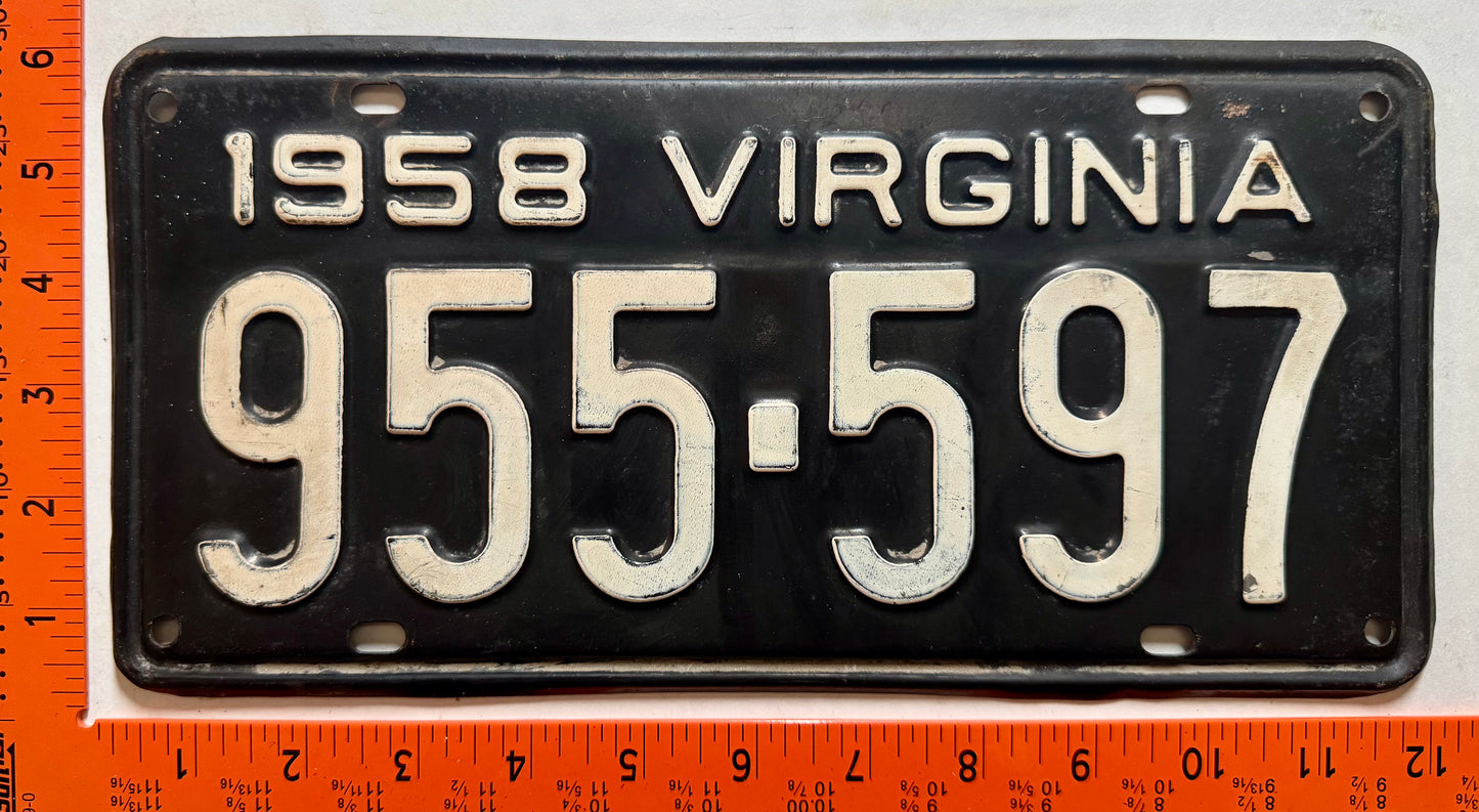 1958 Virginia #955-597 Passenger License Plate