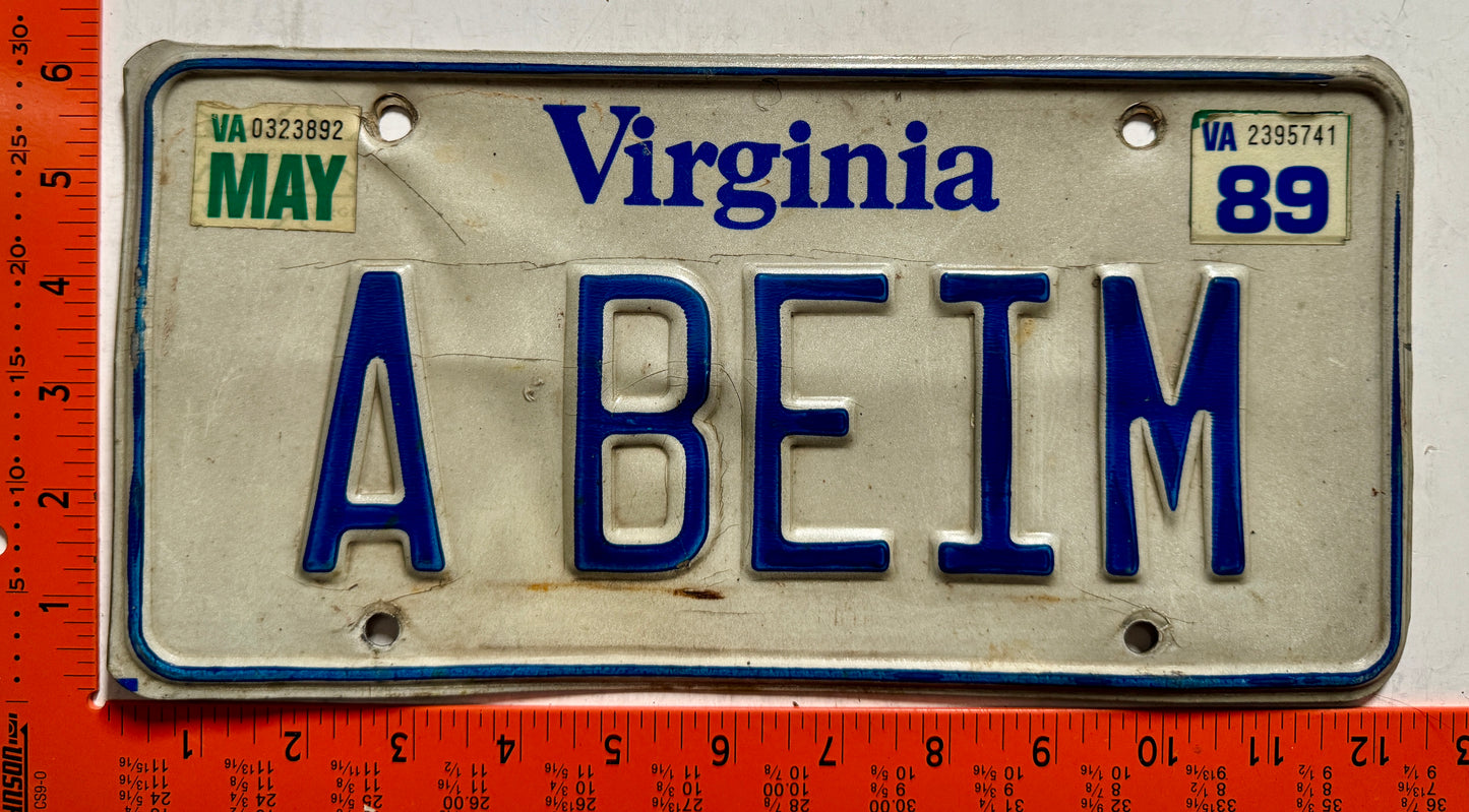 1989 Virginia #A BEIM Passenger Vanity License Plate