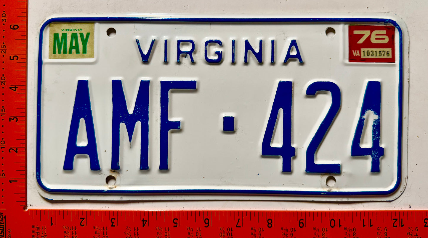 1976 Virginia #AMF-424 Passenger License Plate
