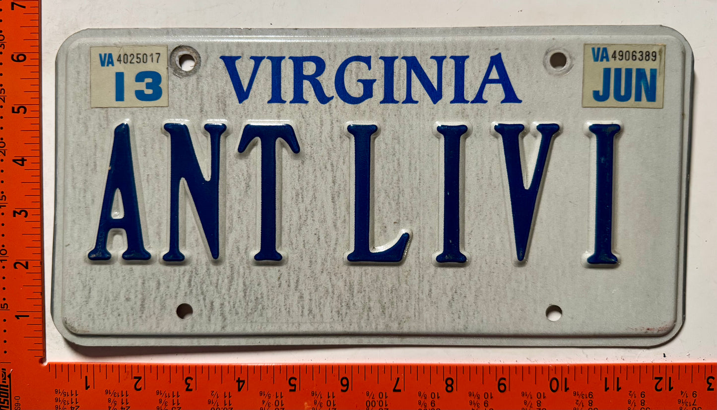 2013 Virginia #ANT LIVI Passenger Vanity License Plate