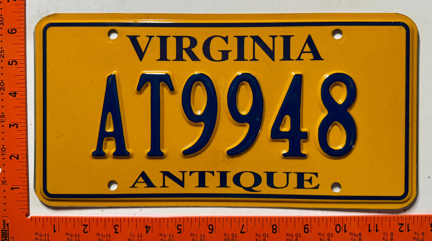 undated Virginia #AT9948 Antique Vehicle License Plate
