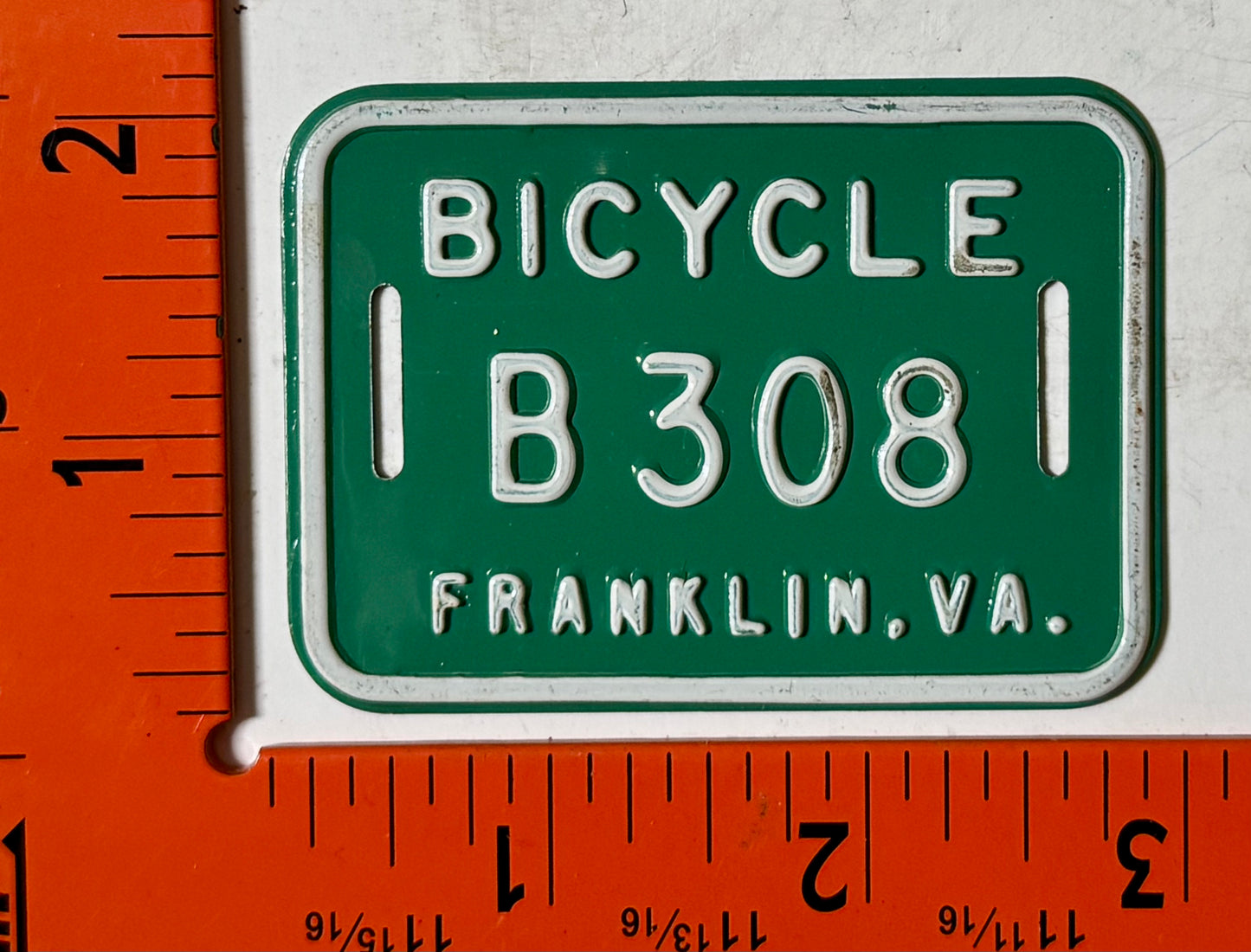 undated Franklin, Virginia #B308 Bicycle License Plate
