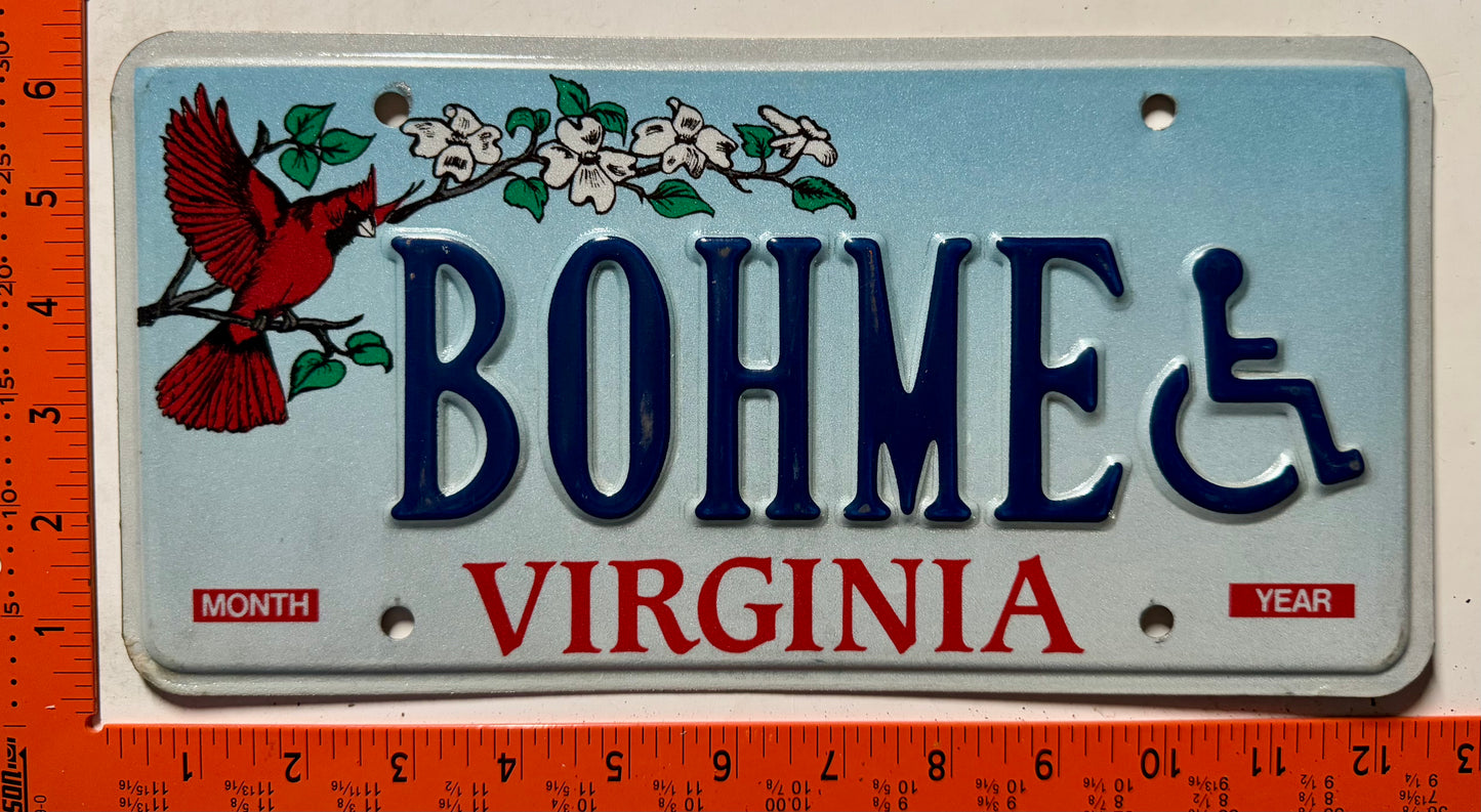 undated Virginia #BOHME Handicapped Vanity License Plate