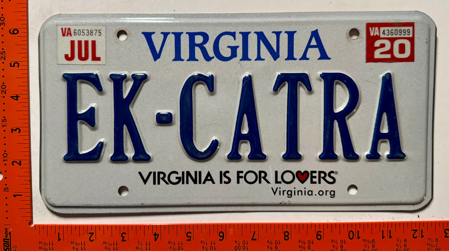 2020 Virginia #EK-CATRA Passenger Vanity License Plate