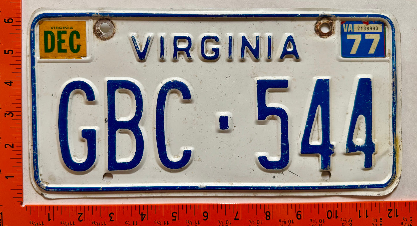 1977 Virginia #GBC-544 Passenger License Plate