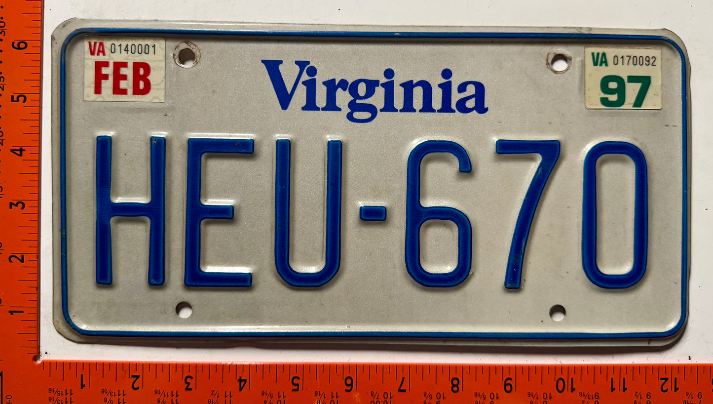 1997 Virginia #HEU-670 Passenger License Plate