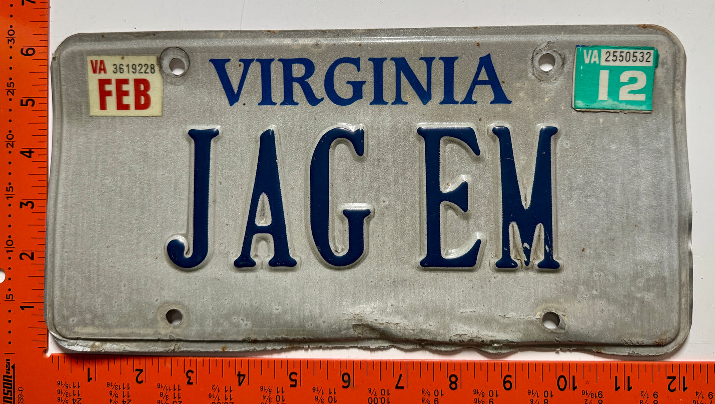 2012 Virginia #JAG EM Passenger Vanity License Plate