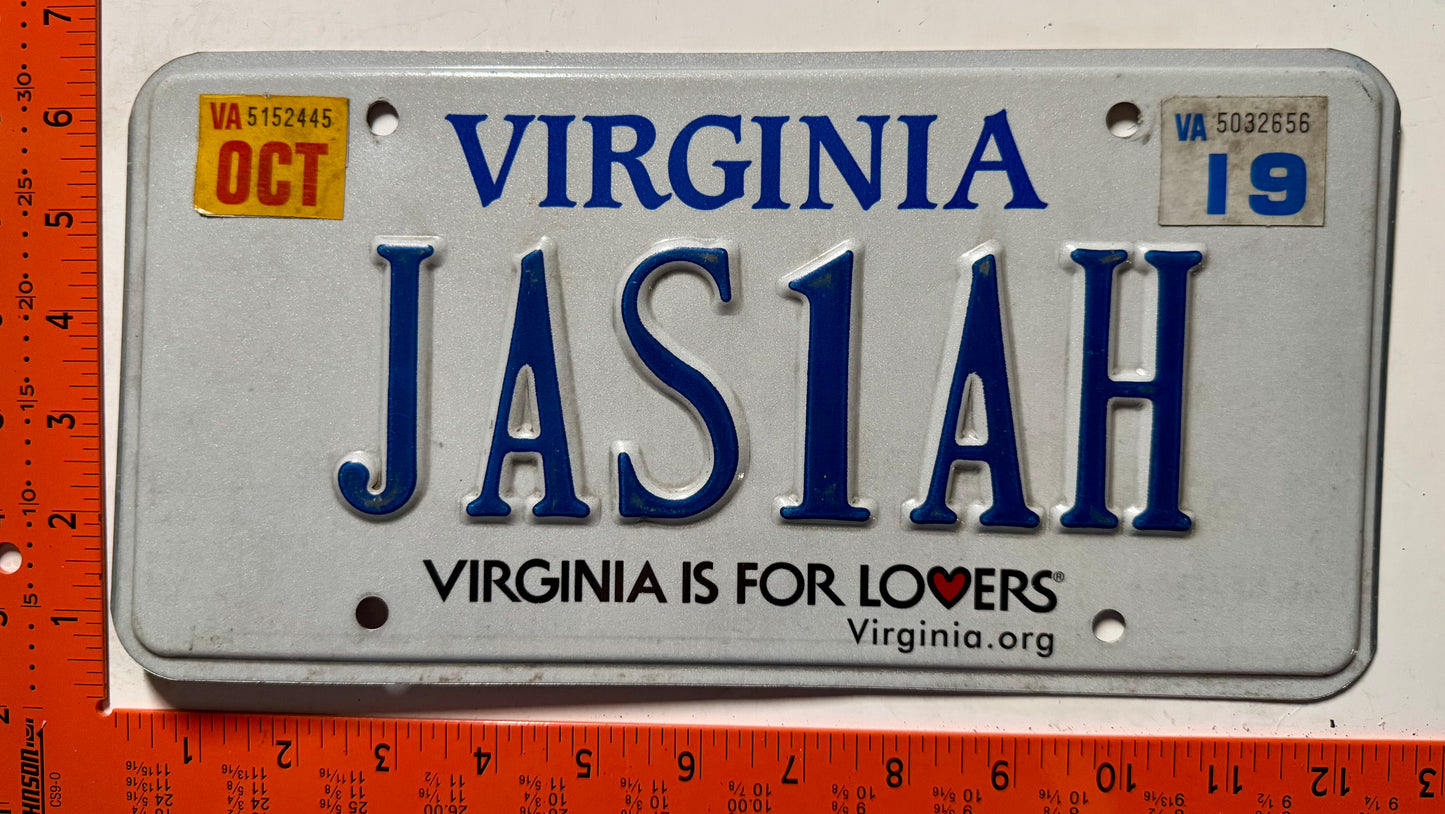 2019 Virginia #JAS1AH Passenger Vanity License Plate
