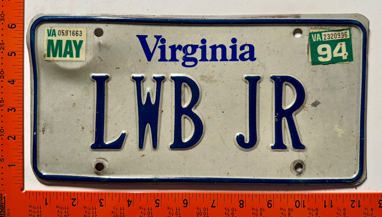 1994 Virginia #LWB JR Passenger Vanity License Plate
