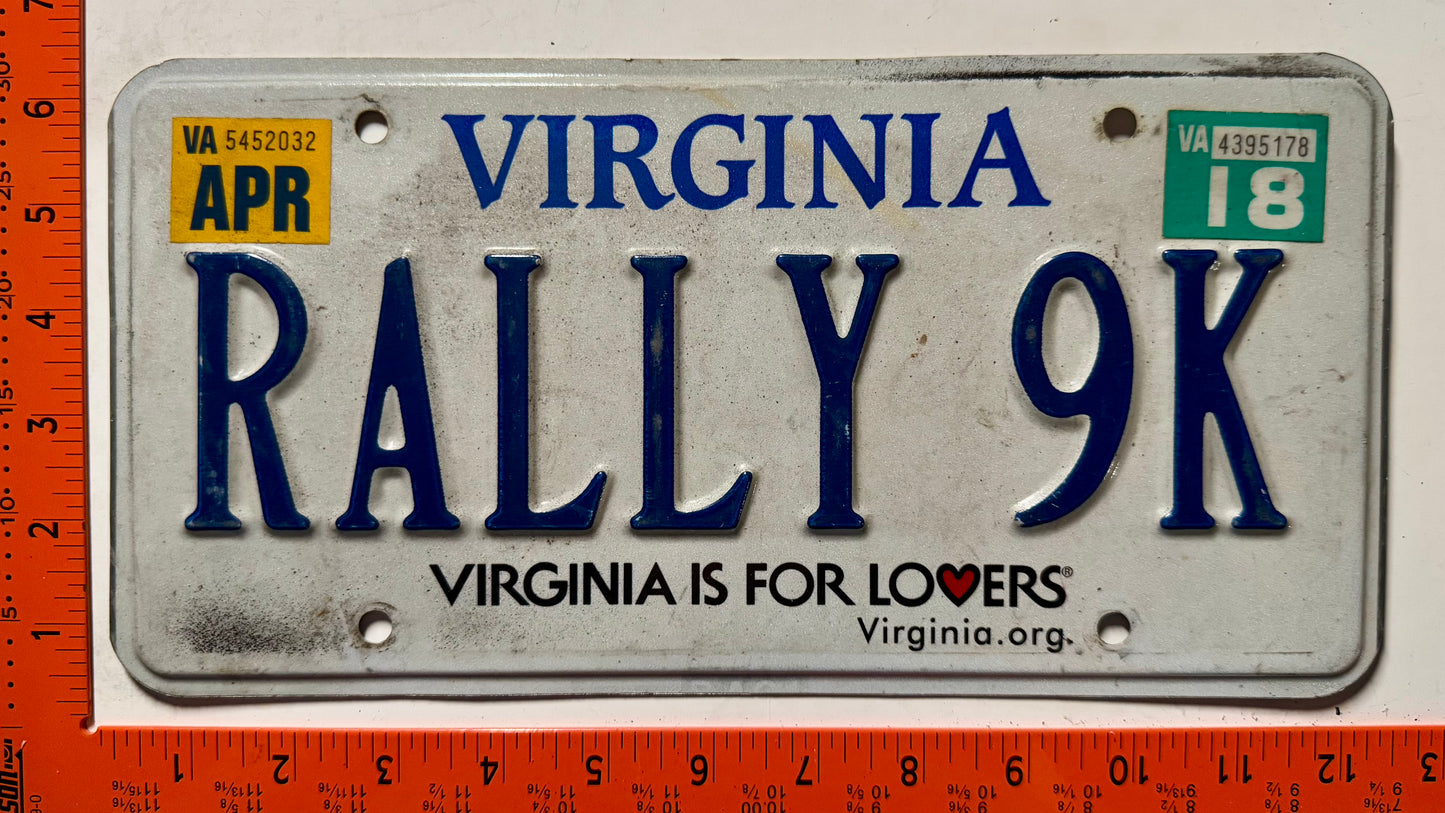 2018 Virginia #RALLY 9K Passenger Vanity License Plate