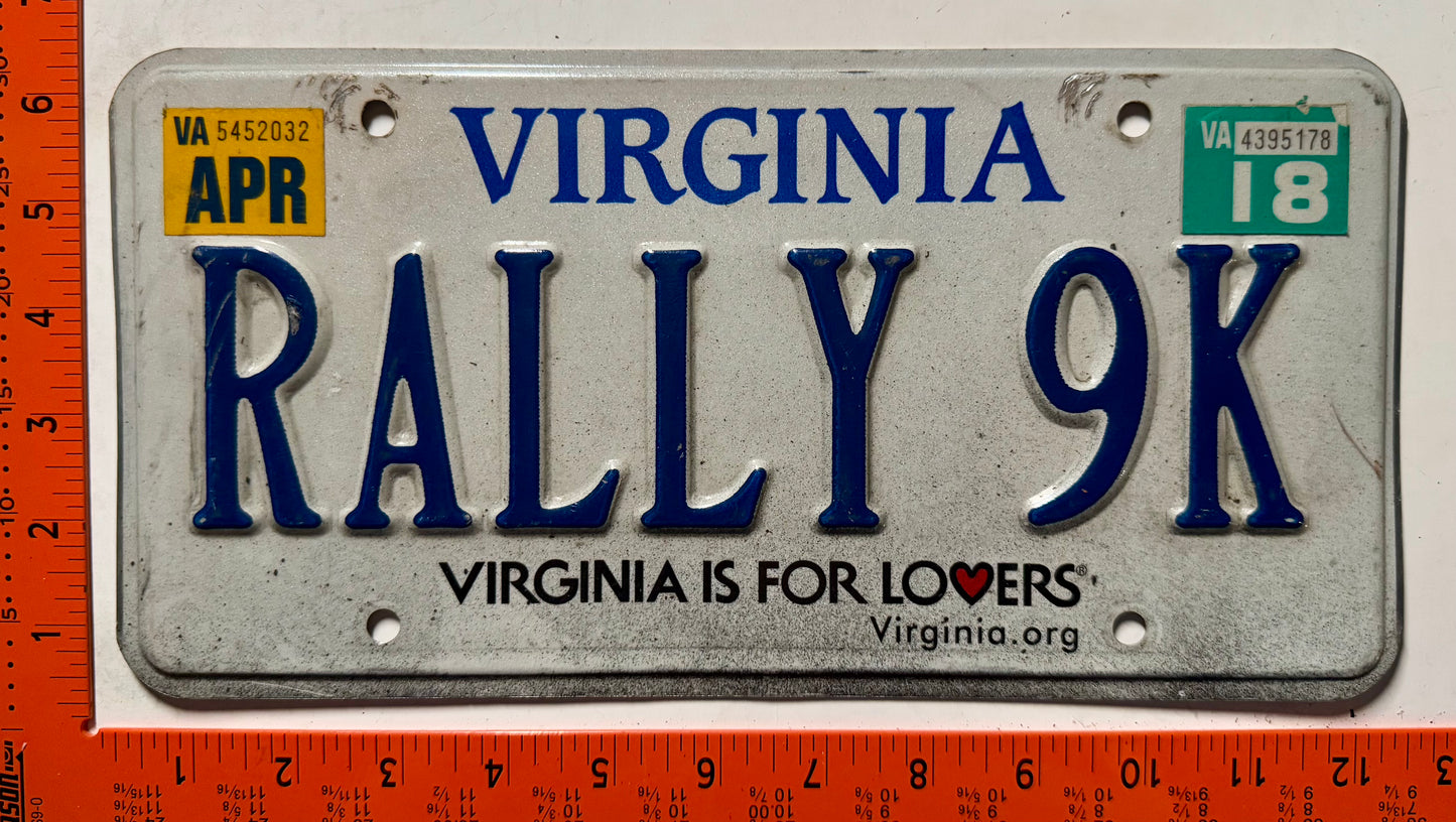 2018 Virginia #RALLY 9K Passenger Vanity License Plate