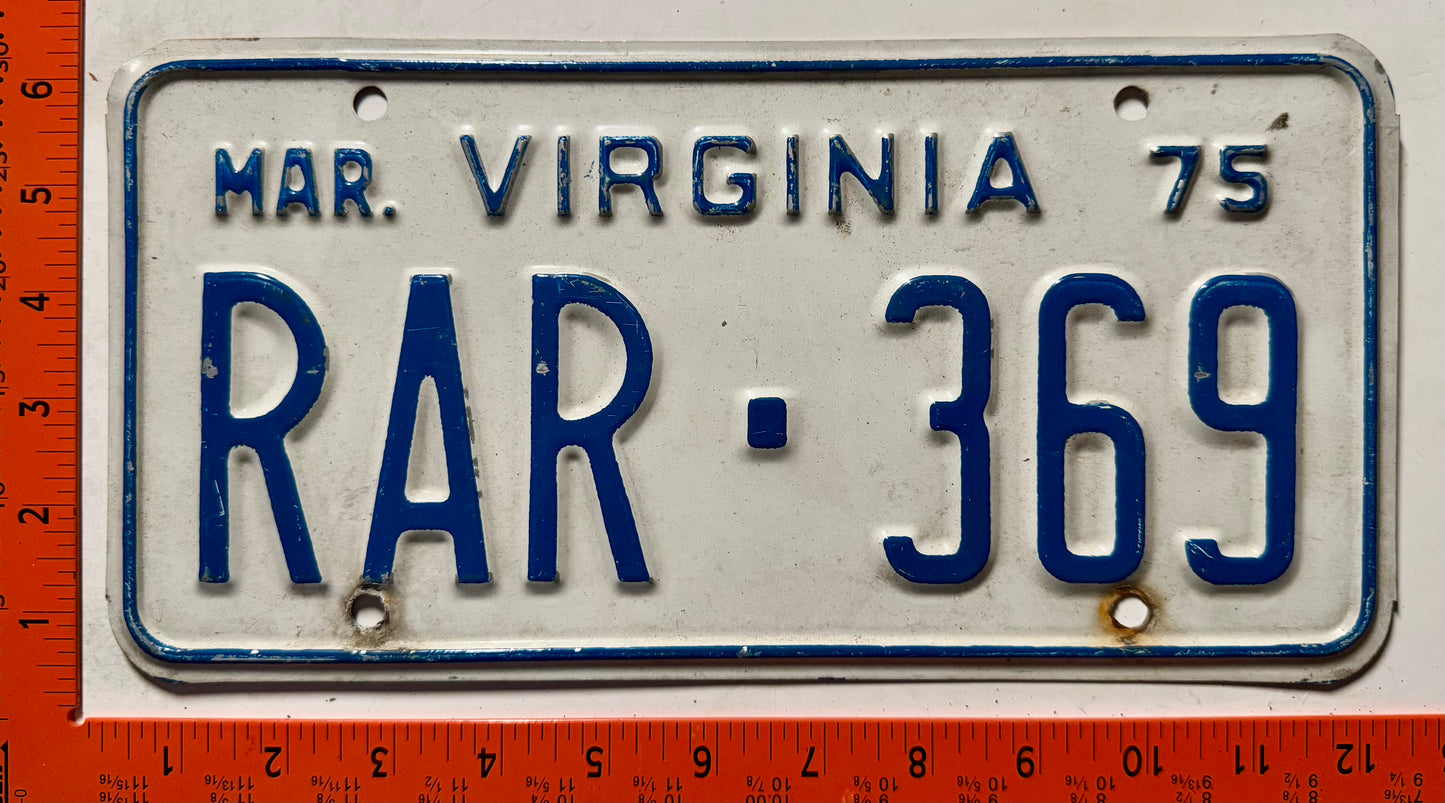 1975 Virginia #RAR-369 Rental Car License Plate