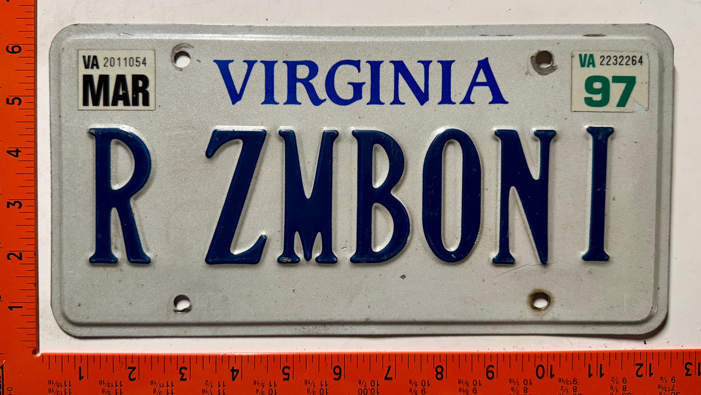 1997 Virginia #R ZMBONI Passenger Vanity License Plate