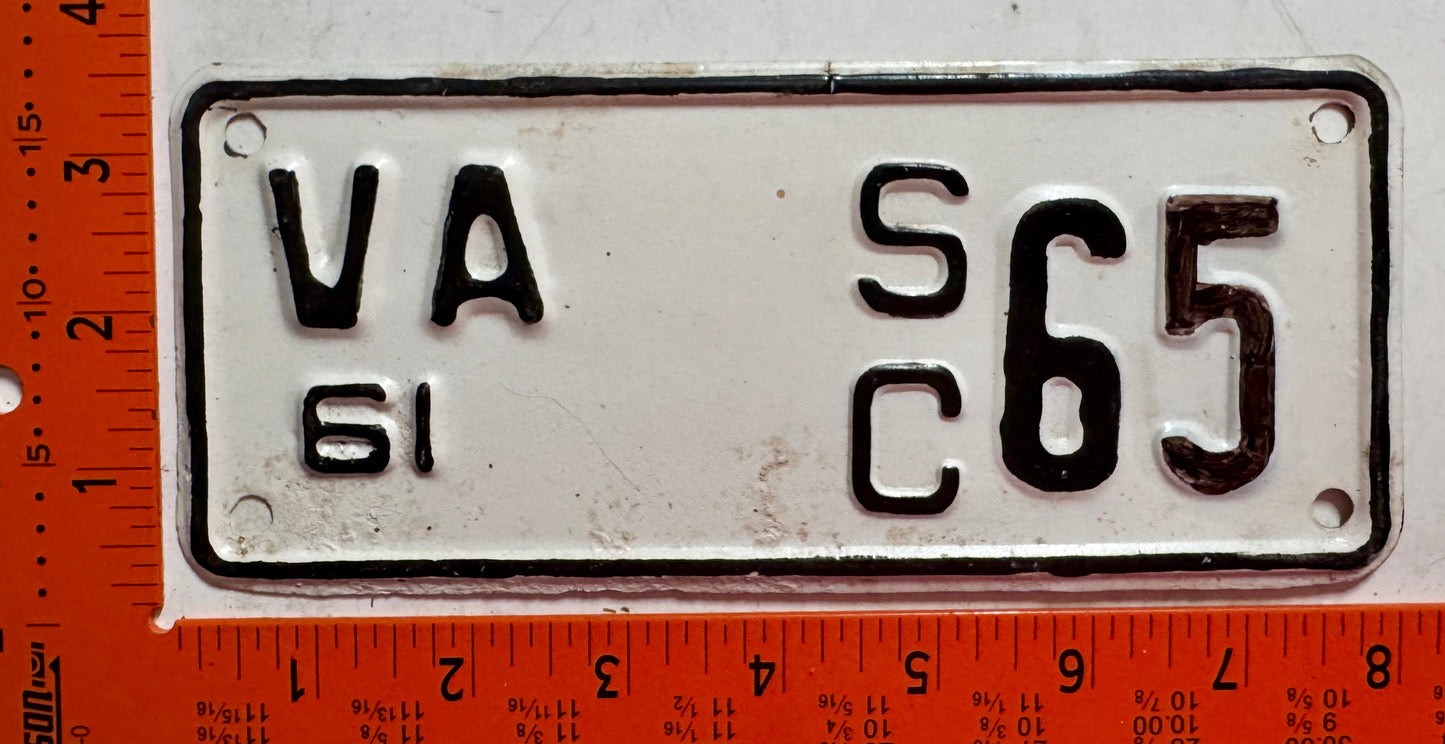 1961 Virginia #S/C 65 Motorcycle Sidecar License Plate (Repaint)
