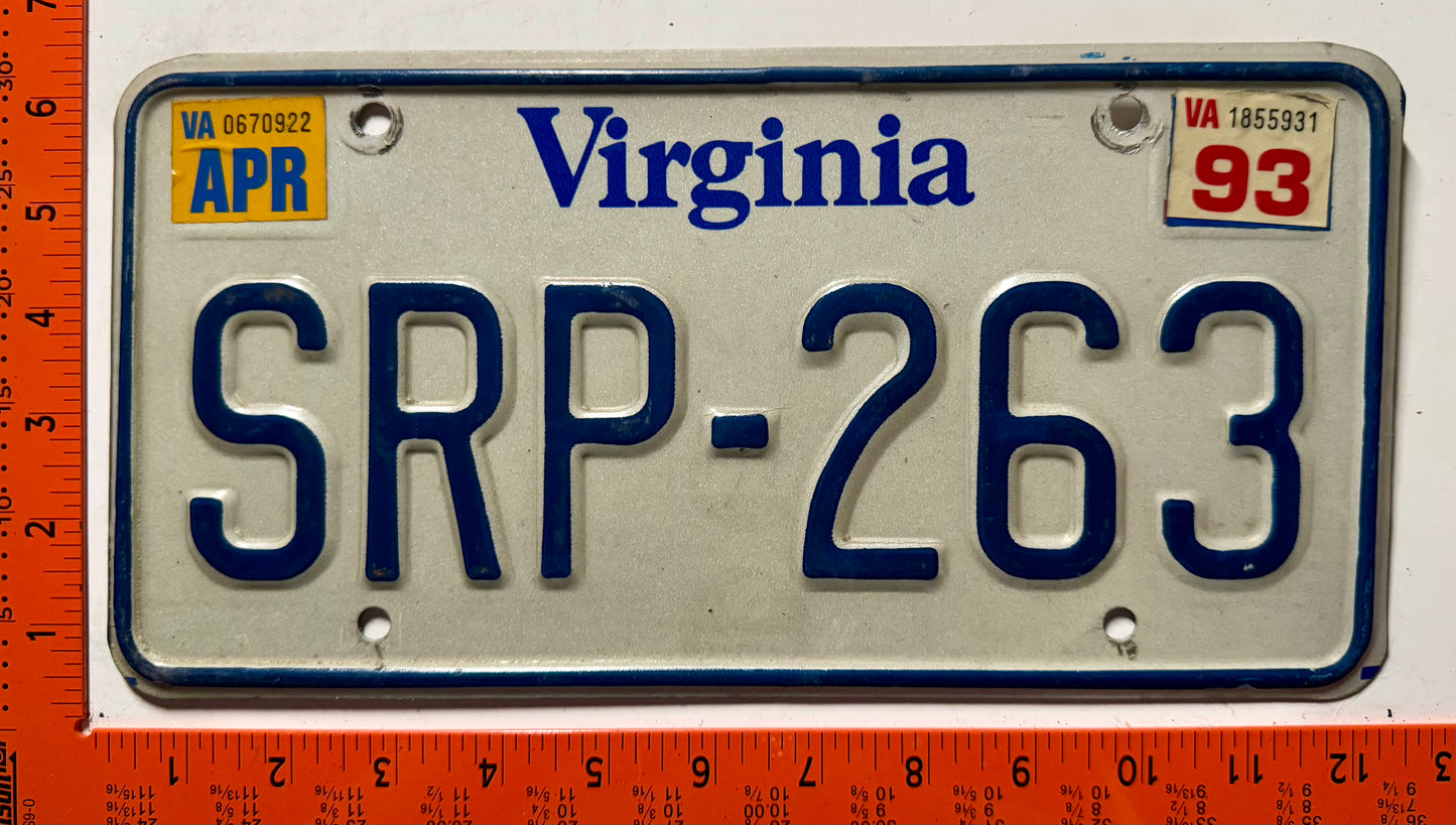 1993 Virginia #SRP-263 Passenger License Plate