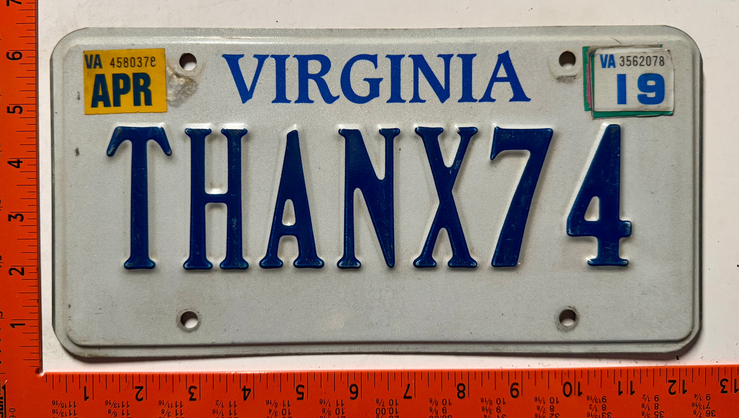 2019 Virginia #THANX74 Passenger Vanity License Plate