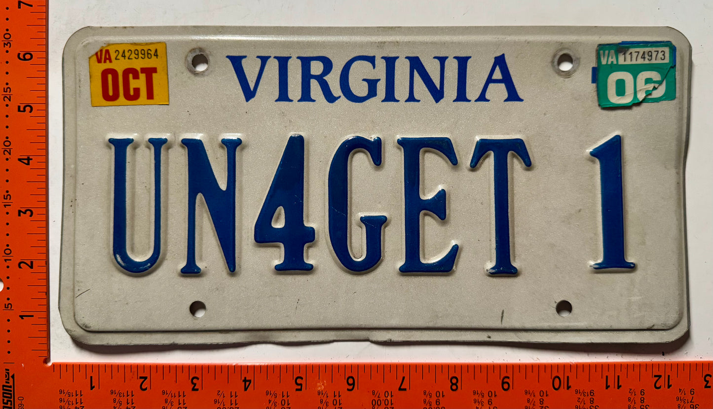 2006 Virginia #UN4GET 1 Passenger Vanity License Plate