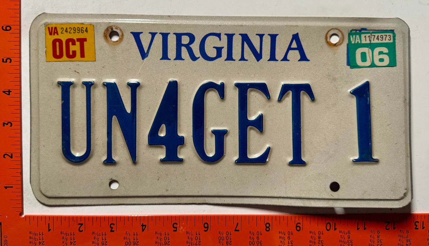 2006 Virginia #UN4GET 1 Passenger Vanity License Plate
