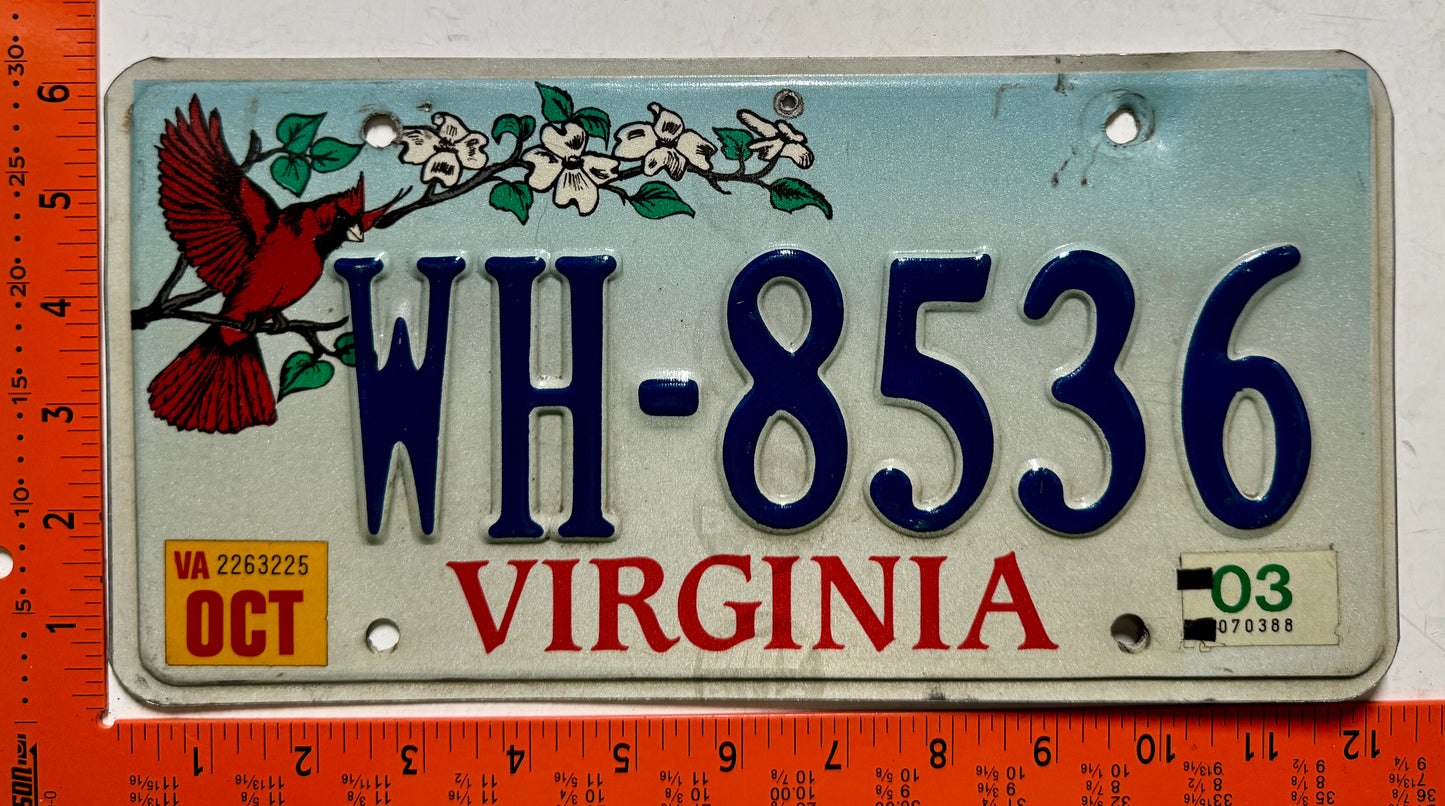2003 Virginia #WH-8536 Cardinal Passenger License Plate