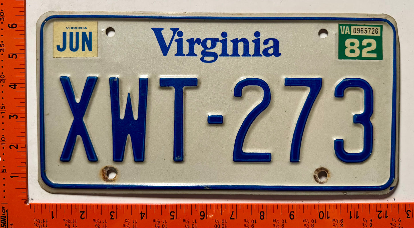 1982 Virginia #XWT-273 Passenger License Plate