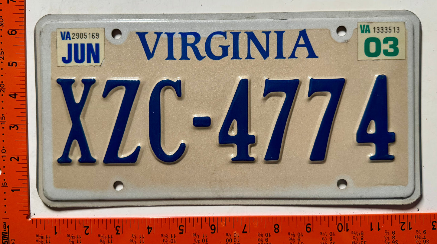 2003 Virginia #XZC-4774 Passenger License Plate
