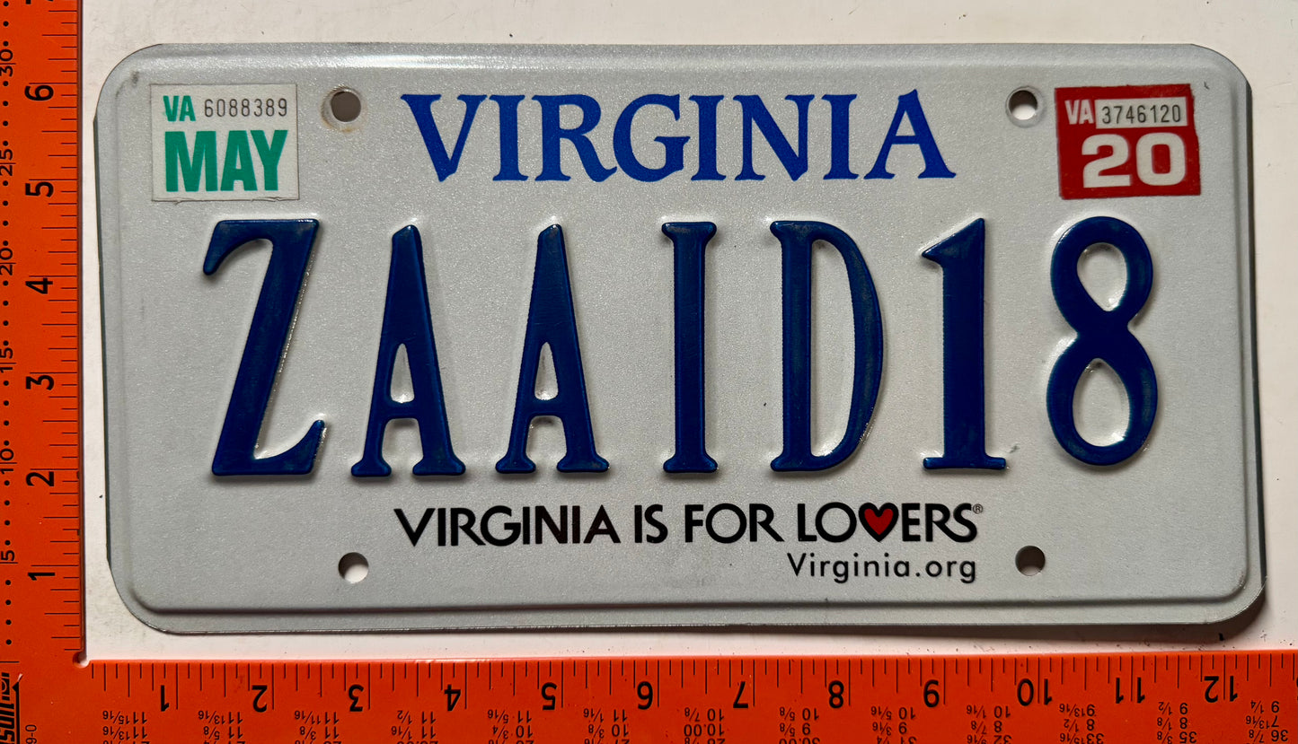 2020 Virginia #ZAAID18 Passenger Vanity License Plate