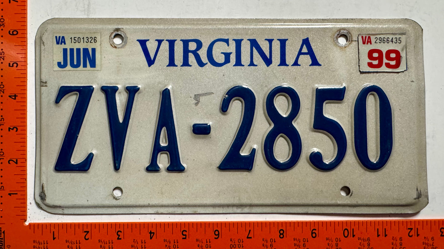 1999 Virginia #ZVA-2850 Passenger License Plate