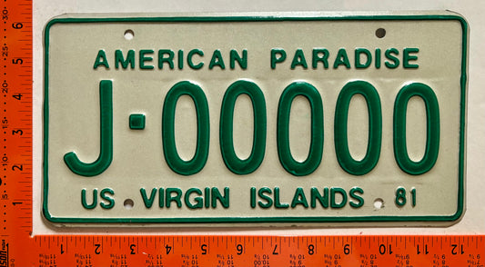 1981 Virgin Islands #J-00000 Passenger Sample License Plate