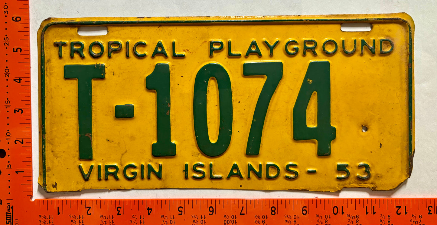 1953 Virgin Islands #T-1074 Passenger License Plate