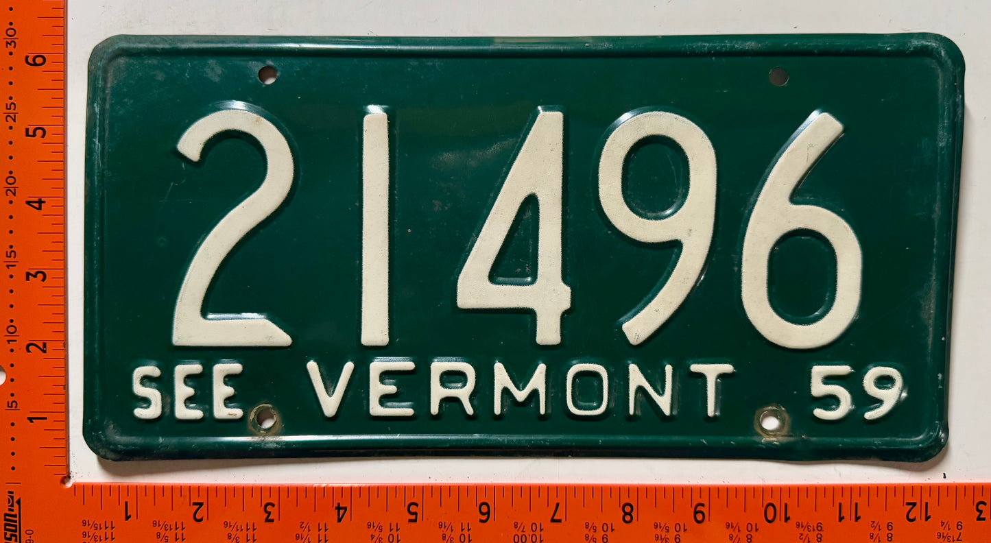 1959 Vermont #21496 Passenger License Plate