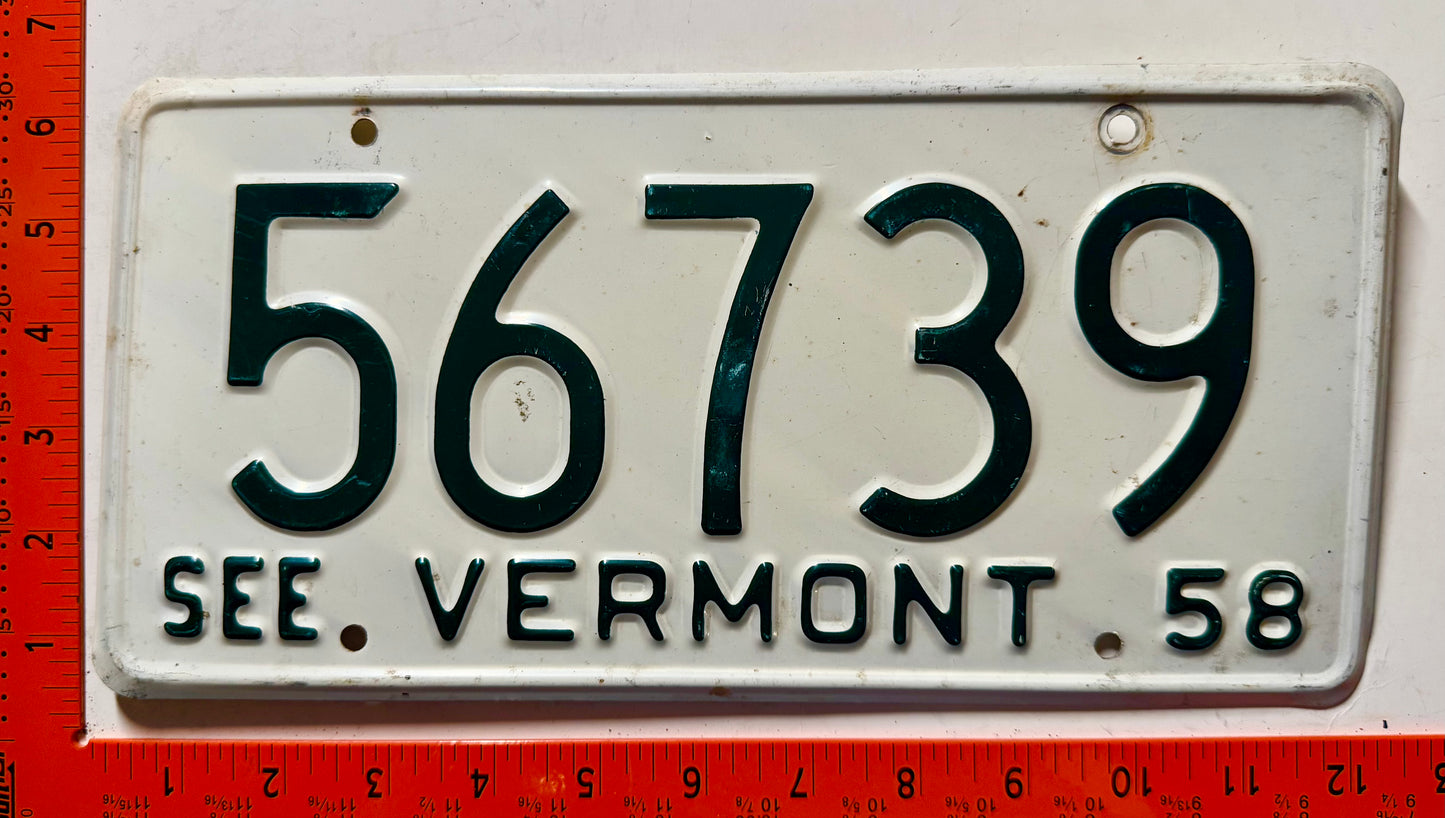 1958 Vermont #56739 Passenger License Plate