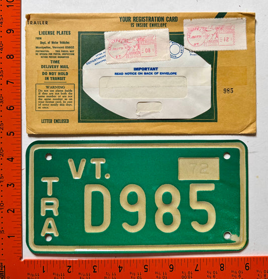 1972 Vermont #D985 Trailer License Plate