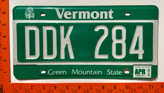 2003 Vermont #DDK 284 Passenger License Plate