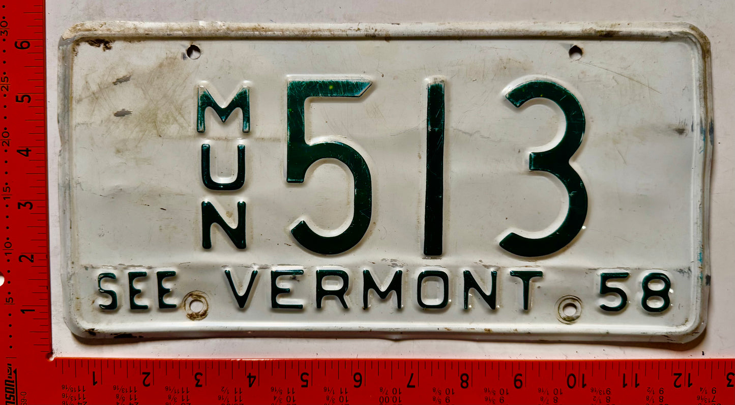 1958 Vermont #513 Municipal License Plate