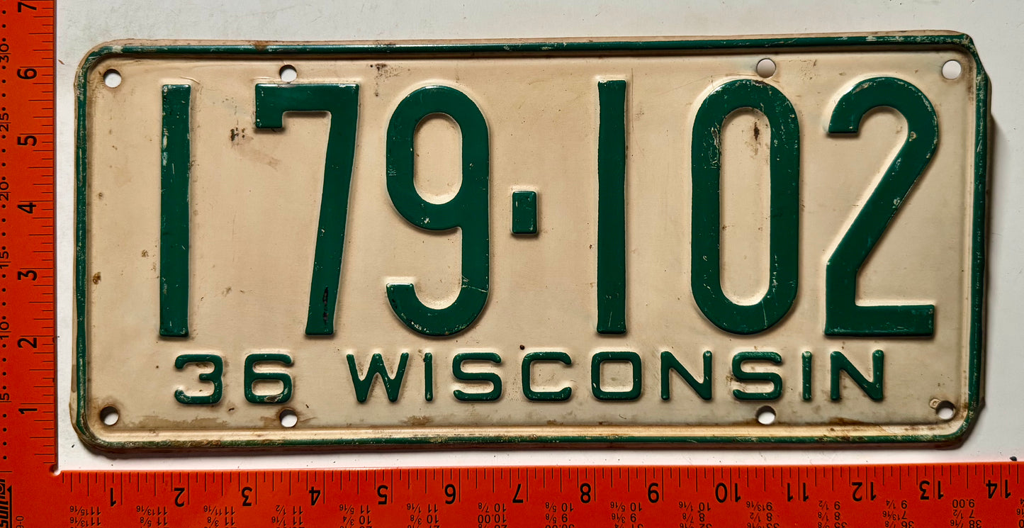 1936 Wisconsin #179-102 Passenger License Plate