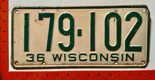 1936 Wisconsin #179-102 Passenger License Plate