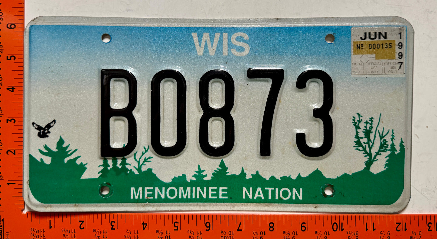 1997 Menominee Nation, Wisconsin #B0873 Passenger License Plate