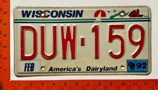1992 Wisconsin #DUW-159 Passenger License Plate