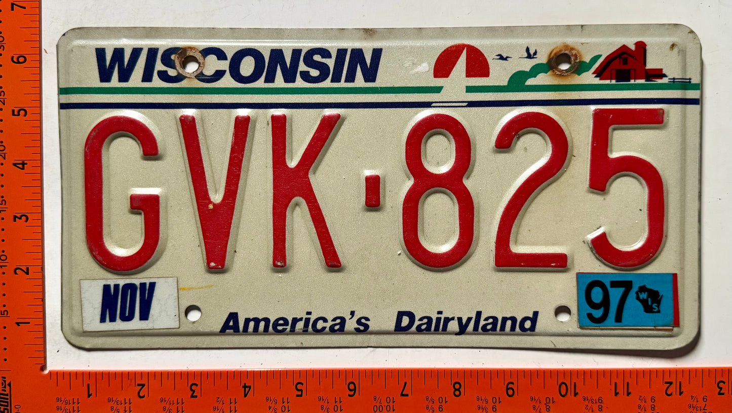 1997 Wisconsin #GVK-825 Passenger License Plate