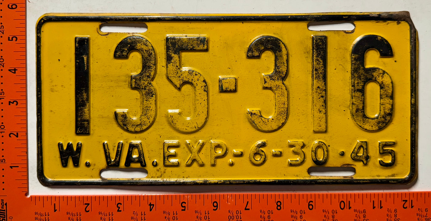 1945 West Virginia #135-316 Passenger License Plate