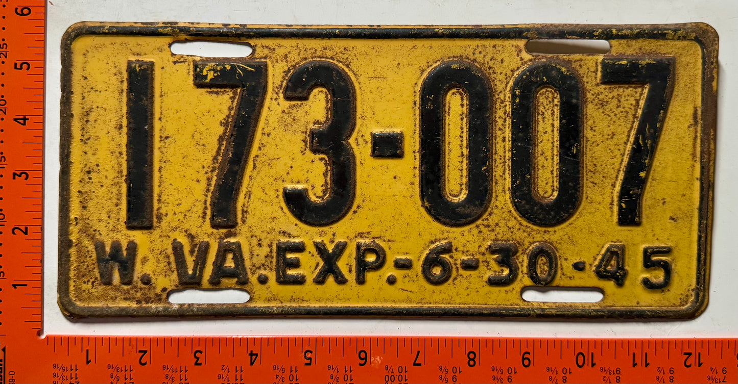 1945 West Virginia #173-007 Passenger License Plate