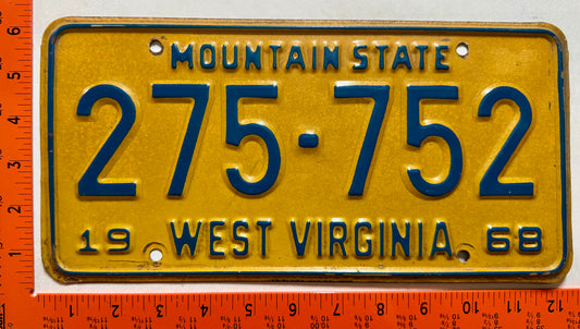 1968 West Virginia #275-752 Passenger License Plate