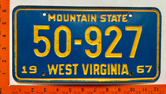 1967 West Virginia #50-927 Passenger License Plate