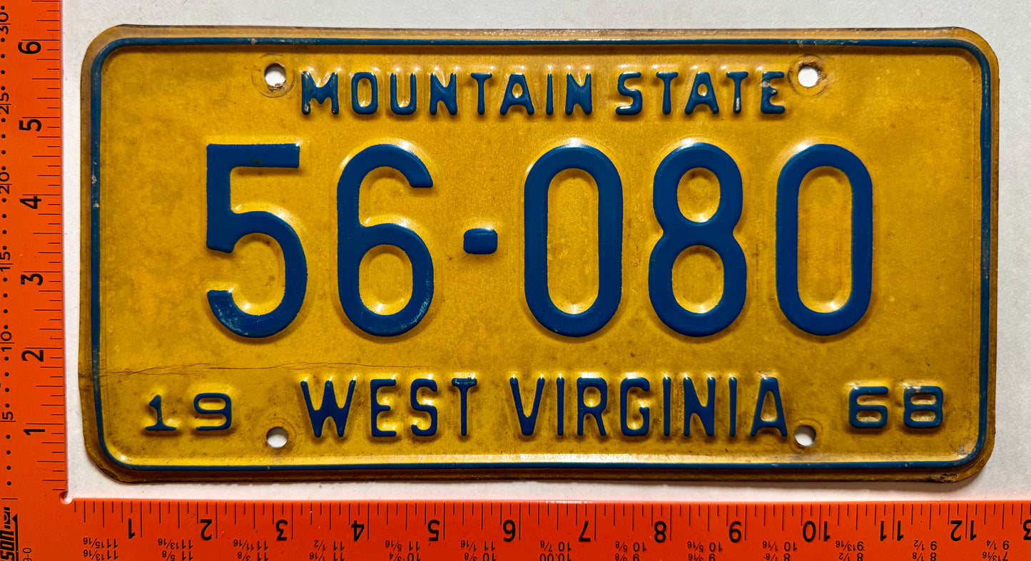 1968 West Virginia #56-080 Passenger License Plate