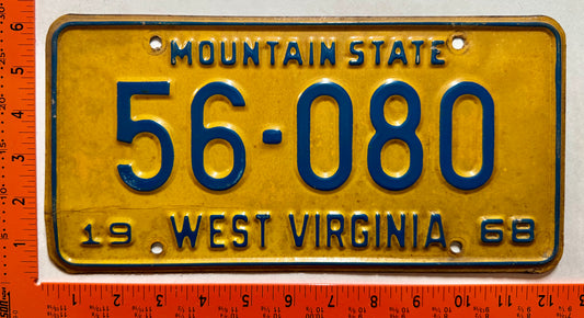 1968 West Virginia #56-080 Passenger License Plate