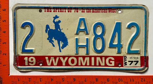 1977 Wyoming #2 A/H842 Passenger License Plate