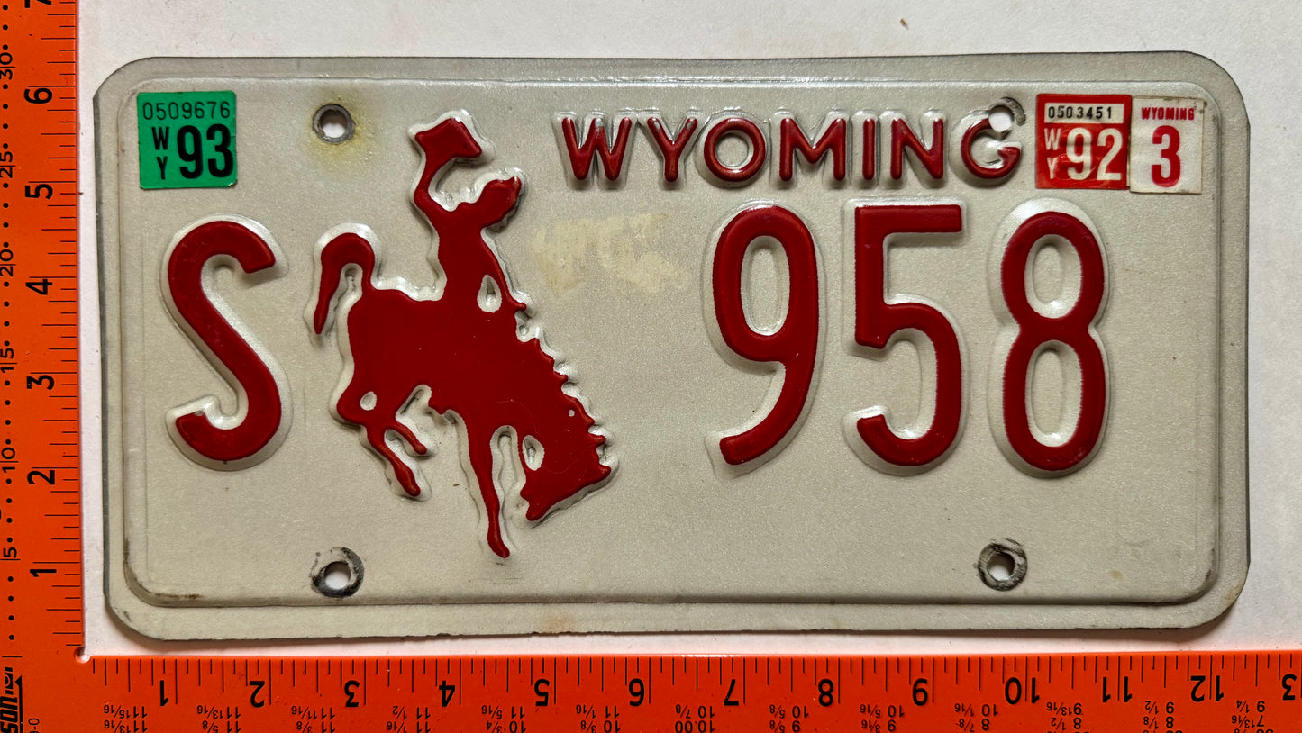 1992/1993 Wyoming #S 958 State License Plate